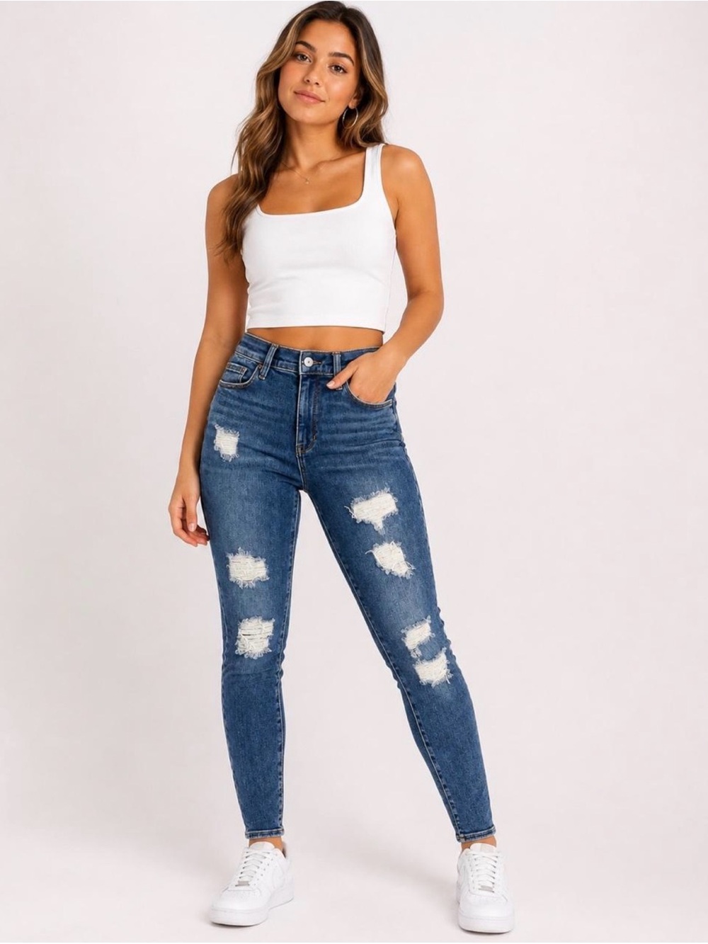 PacSun Women's Distressed Skinny Jeans in Blue Denim